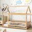 Lit en bois taille twin avec cadre de toit de maison et barrières de sécurité