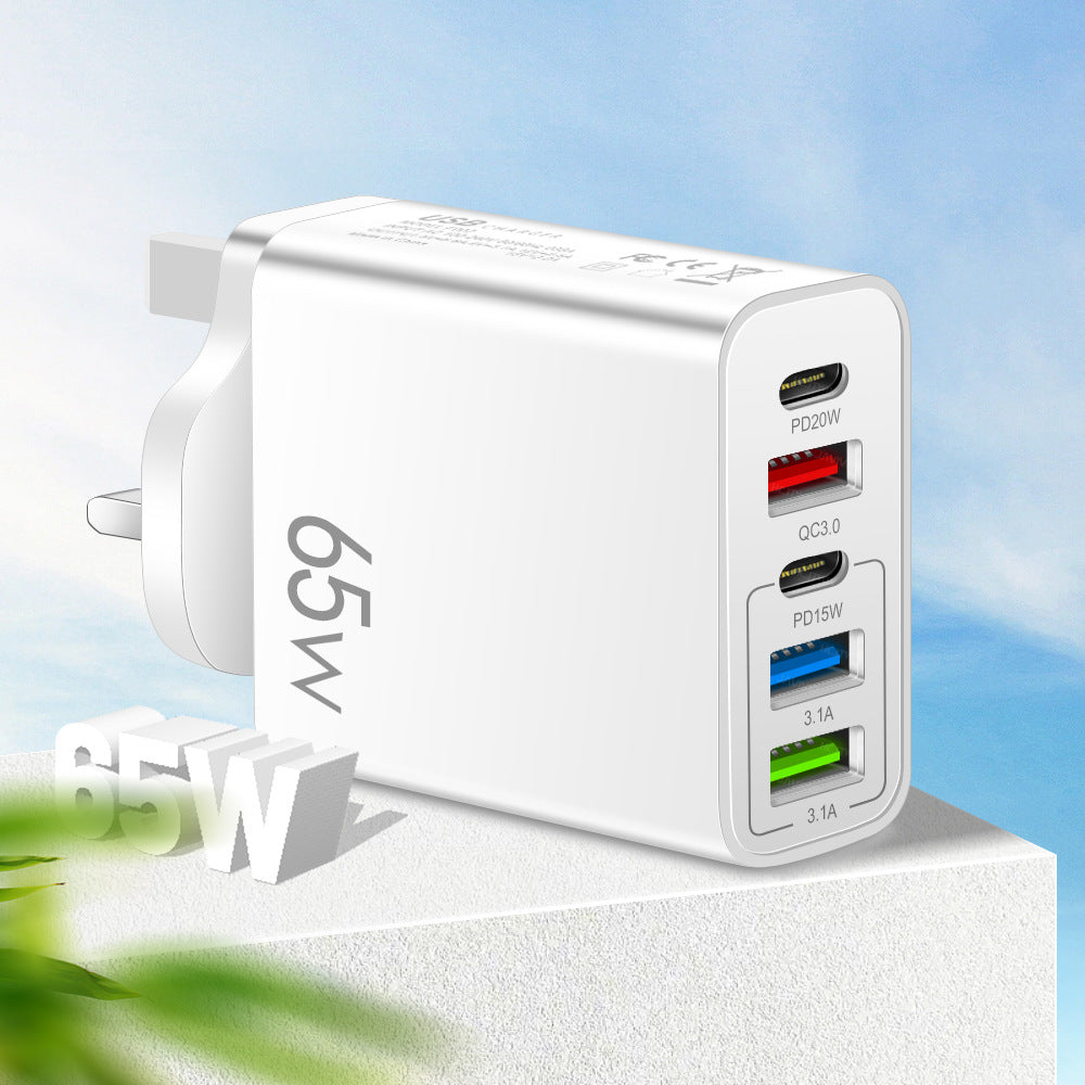 Standard PD65W mobile phone charger 4A type-c PD+3USB multi port European, American, English travel charging head - Korvel