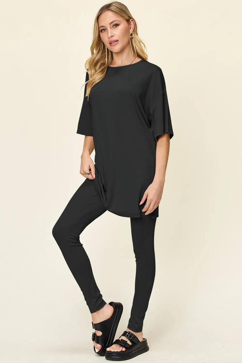 Double Take Full Size Round Neck T-Shirt and Leggings Set
