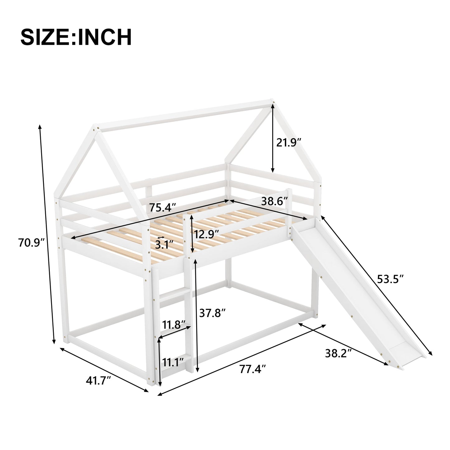 Twin Size Bunk House Bed with Slide and Ladder White - Korvel