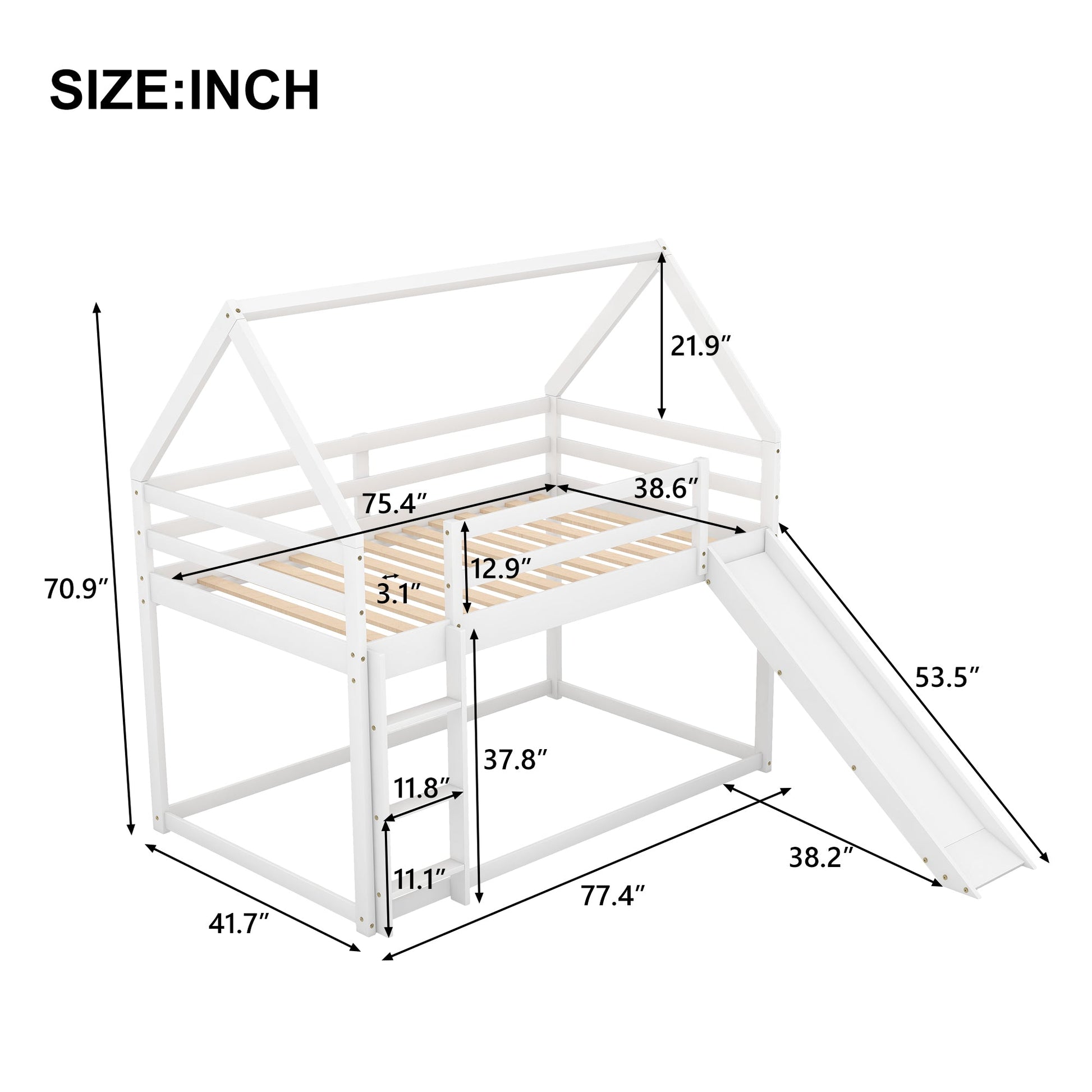 Twin Size Bunk House Bed with Slide and Ladder White - Korvel
