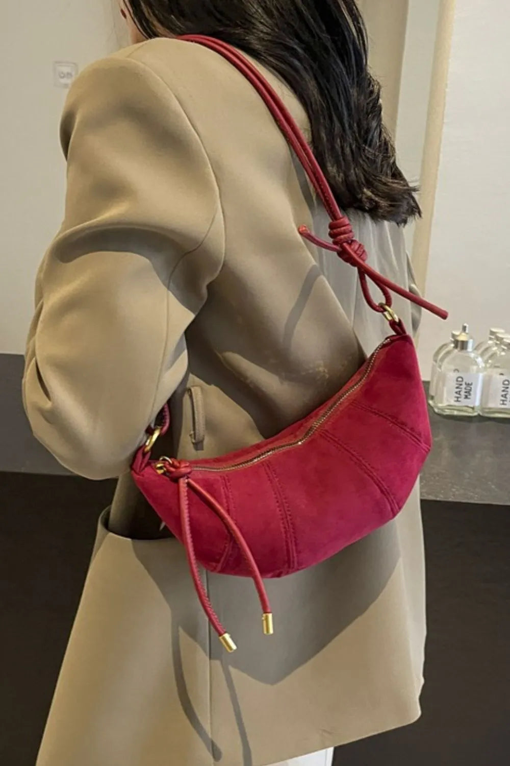 PU Leather Strap Suede Shoulder Bag - Korvel