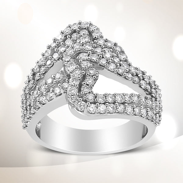 Bague Bypass en Or Blanc 14K avec Diamants en Forme de Cœur Ouvert - Taille 7
