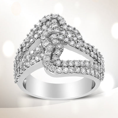 Bague Bypass en Or Blanc 14K avec Diamants en Forme de Cœur Ouvert - Taille 7