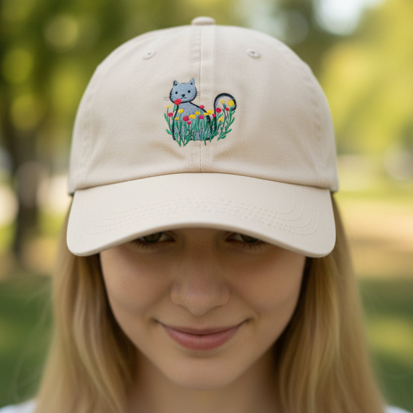 Floral Cat Embroidered Baseball Cap