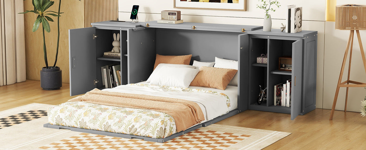 Full Size Murphy Bed with Shelves and USB Ports - Gray