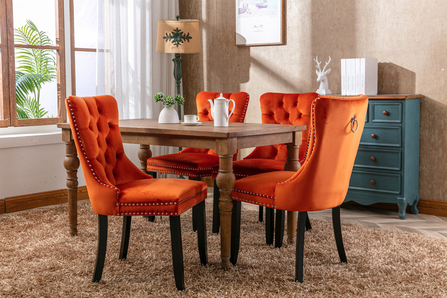 Premium Velvet Upholstered Dining Chair Set - Orange