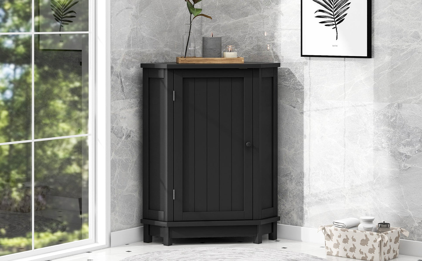 Black Bathroom Cabinet Triangle Corner Storage Cabinet with Adjustable Shelf Modern Style MDF Board - Korvel