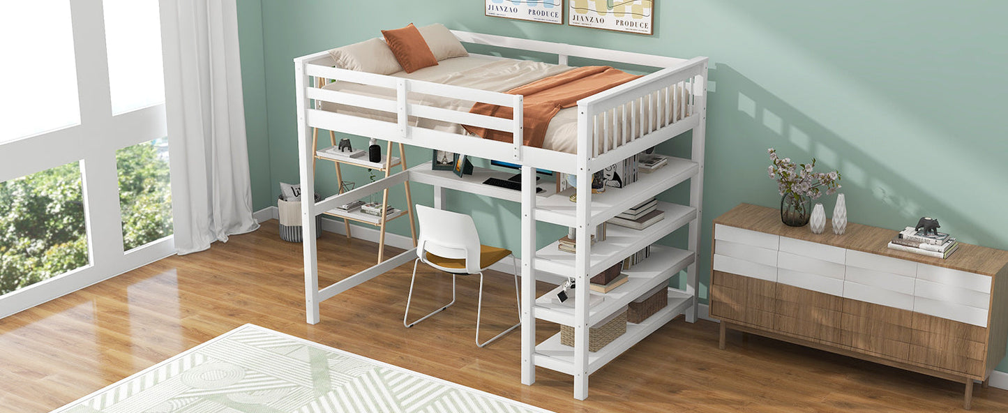Full Size Loft Bed with Storage Shelves and Under-bed Desk  White - Korvel