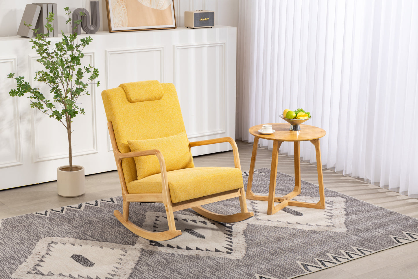 Rocking Chair Upholstered Fabric Rocking Armchair Indoor with High Backrest Glider Chairs and Lumbar Pillow for Living Room - Korvel