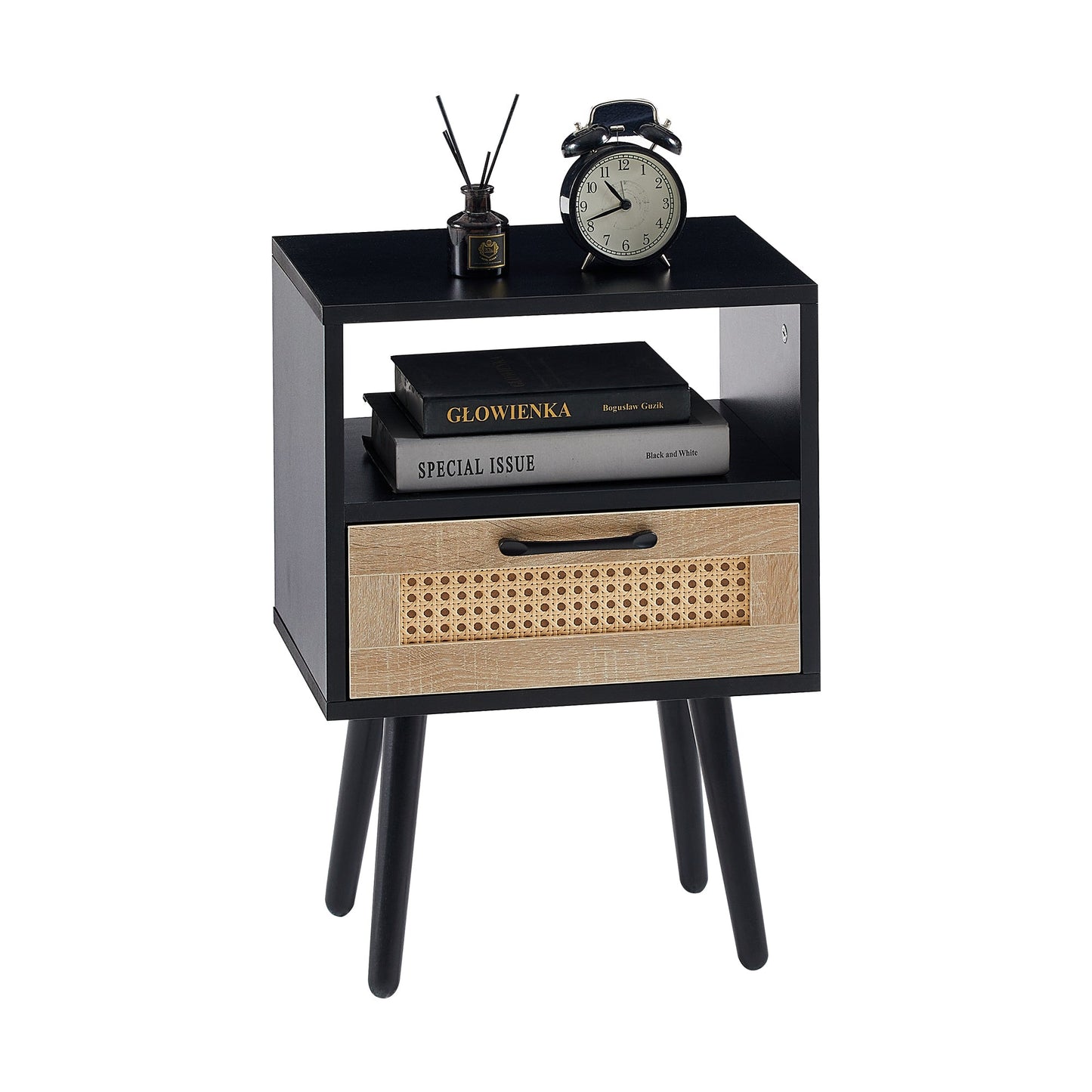 15.75" Rattan End table with drawer and solid wood legs Modern nightstand side table for living room black - Korvel