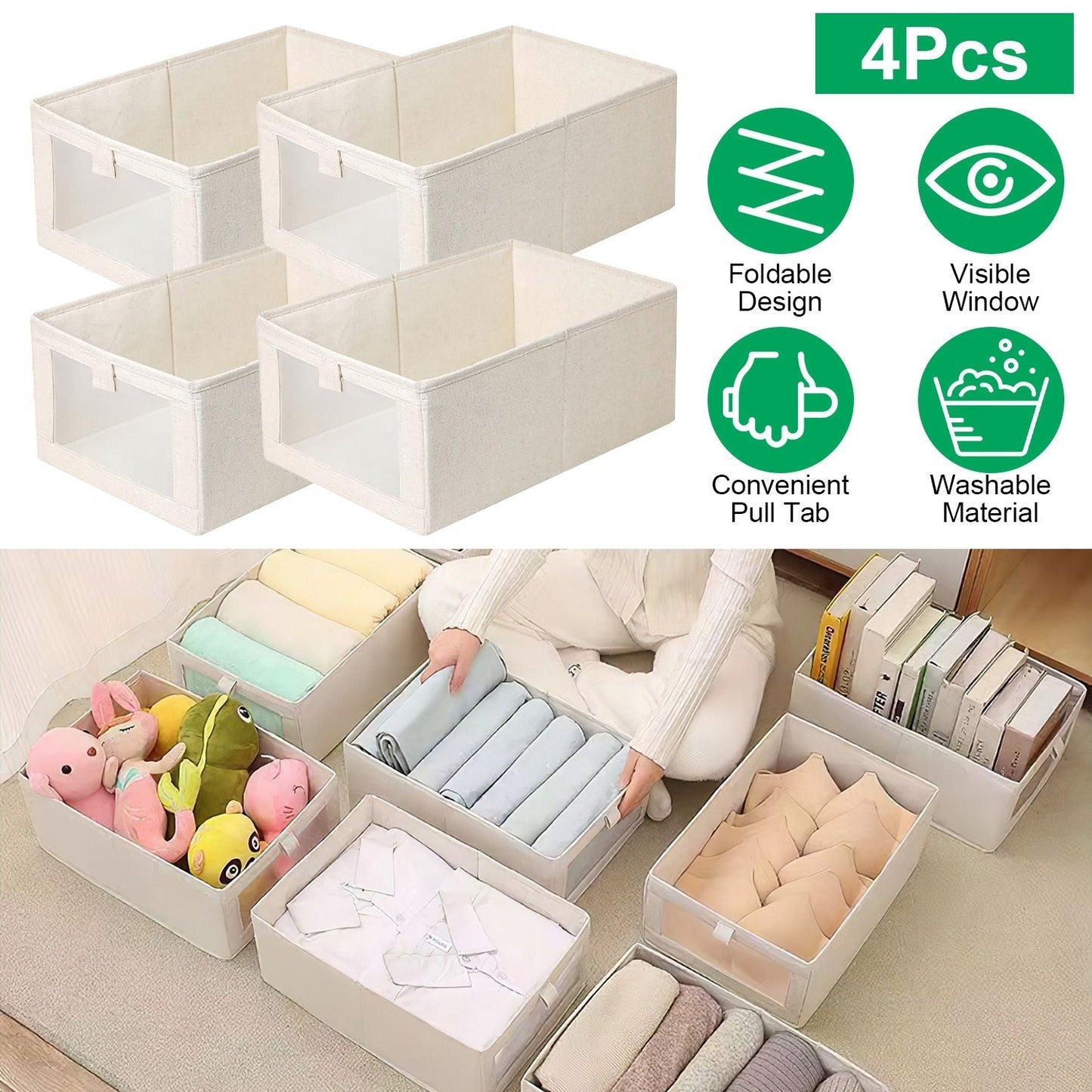 4-Piece Foldable Linen Storage Bins with Clear Window