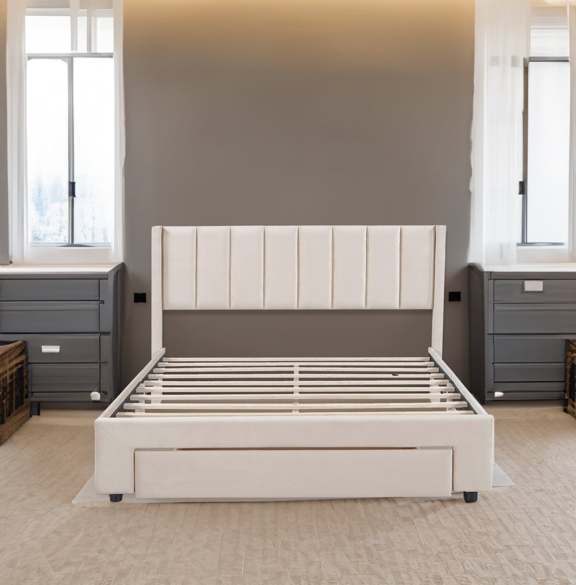 Queen Size Storage Bed Velvet Upholstered Platform Bed with a Big Drawer - Beige - Korvel