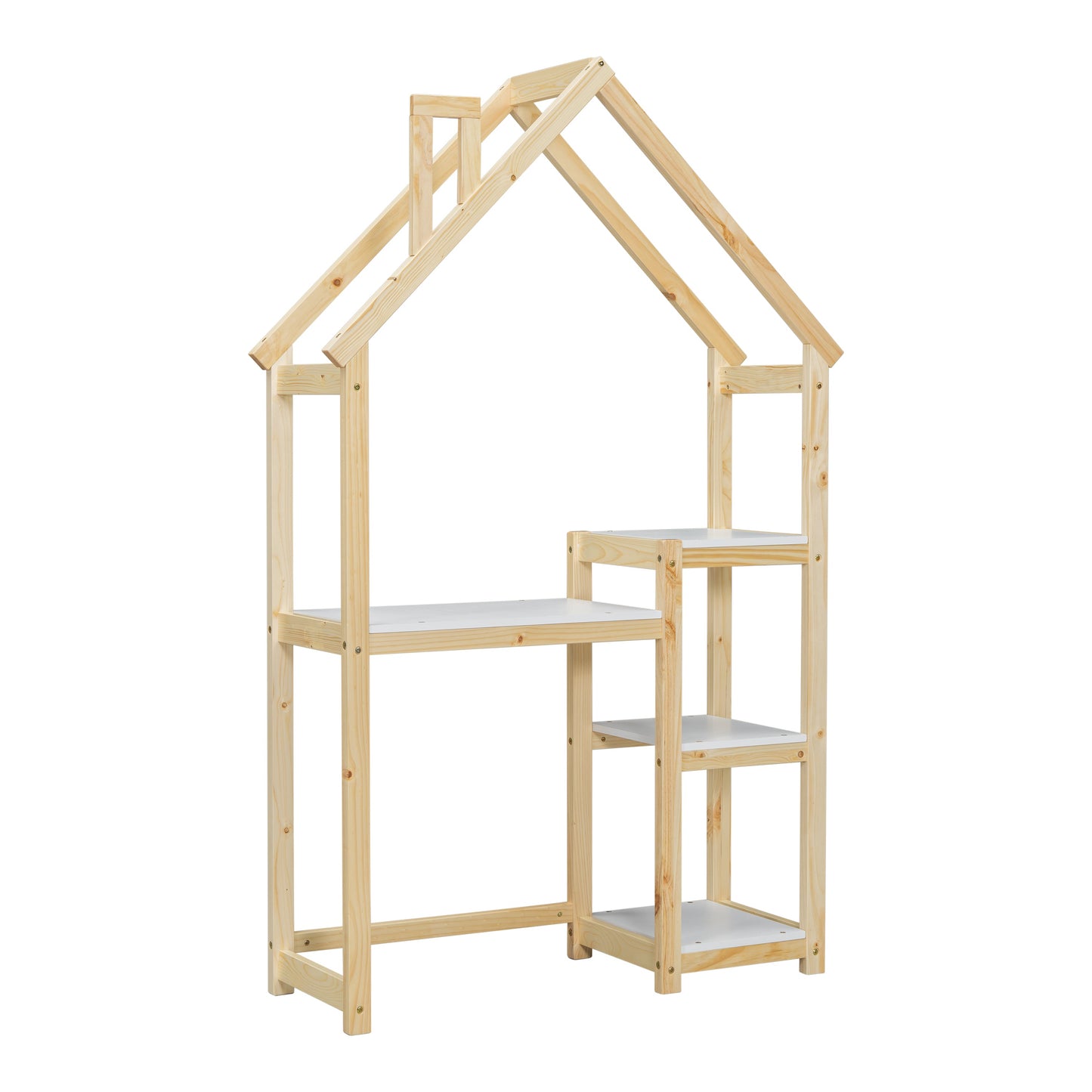 House-shaped Wooden writing Desk Kids study Table Bookshelf & Toy Storage Natural - Korvel