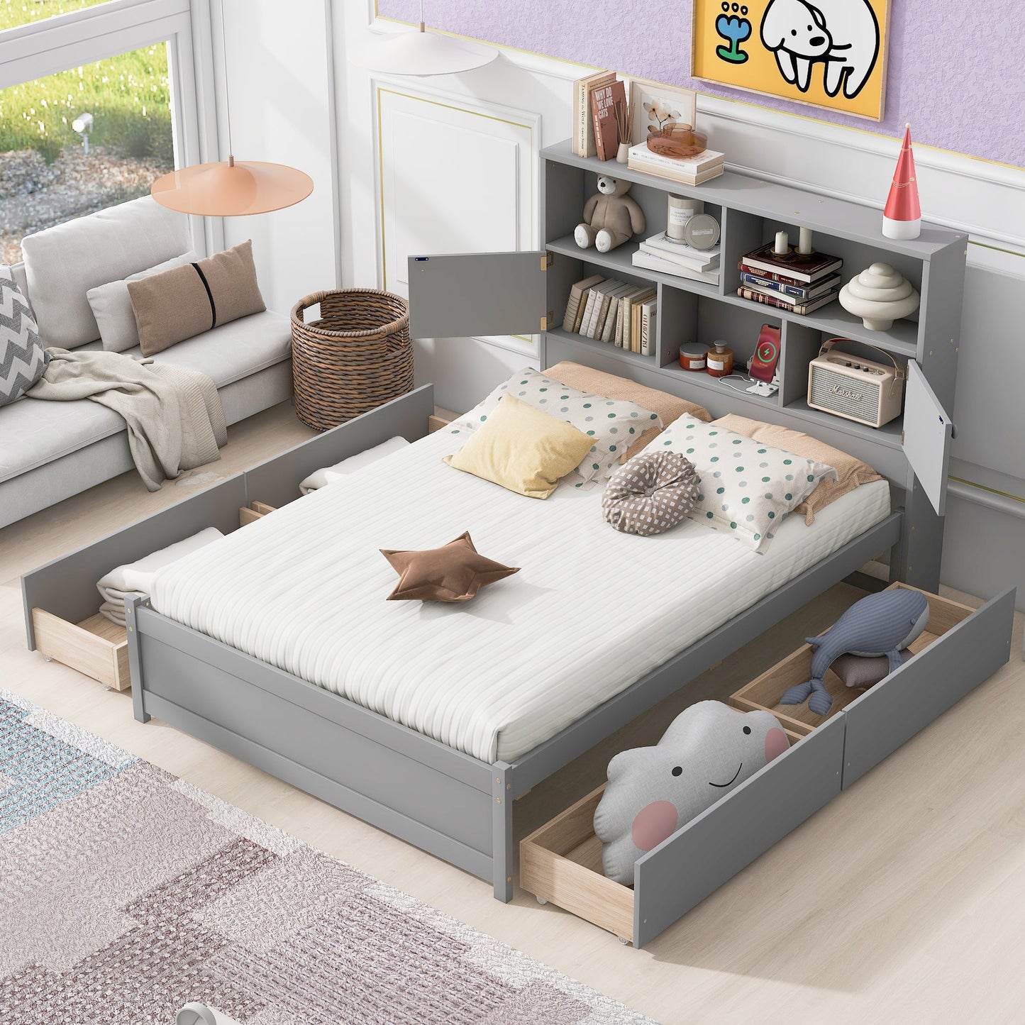 Full Size Platform Bed with Storage Headboard and Charging Station