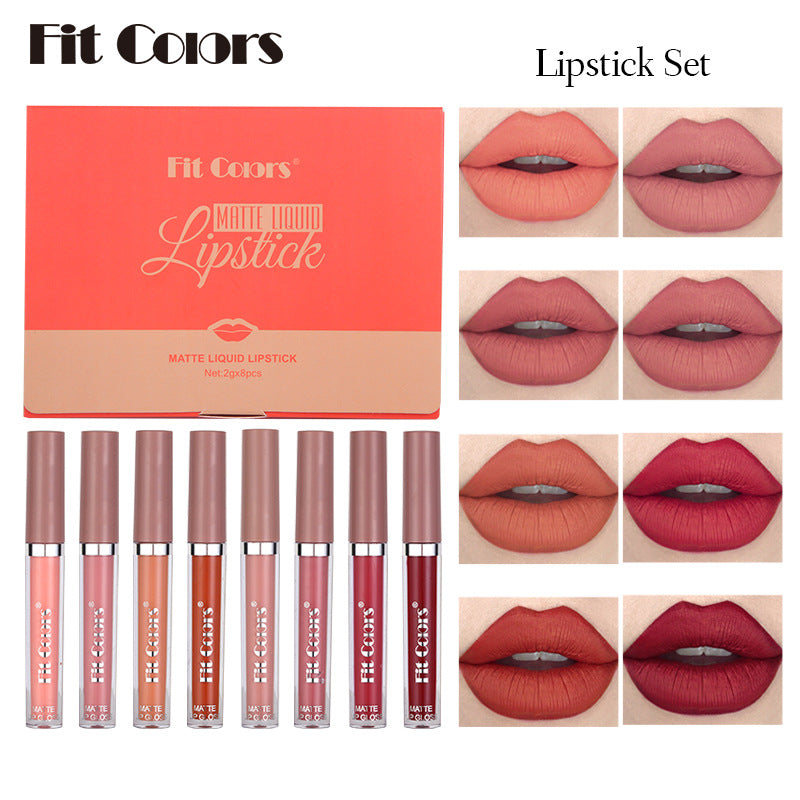 Fit Colors Matte Non-Stick Cup Lip Gloss Not Easy To Fade Matte Liquid Thin Tube Lipstick 8 Color Set Box - Korvel