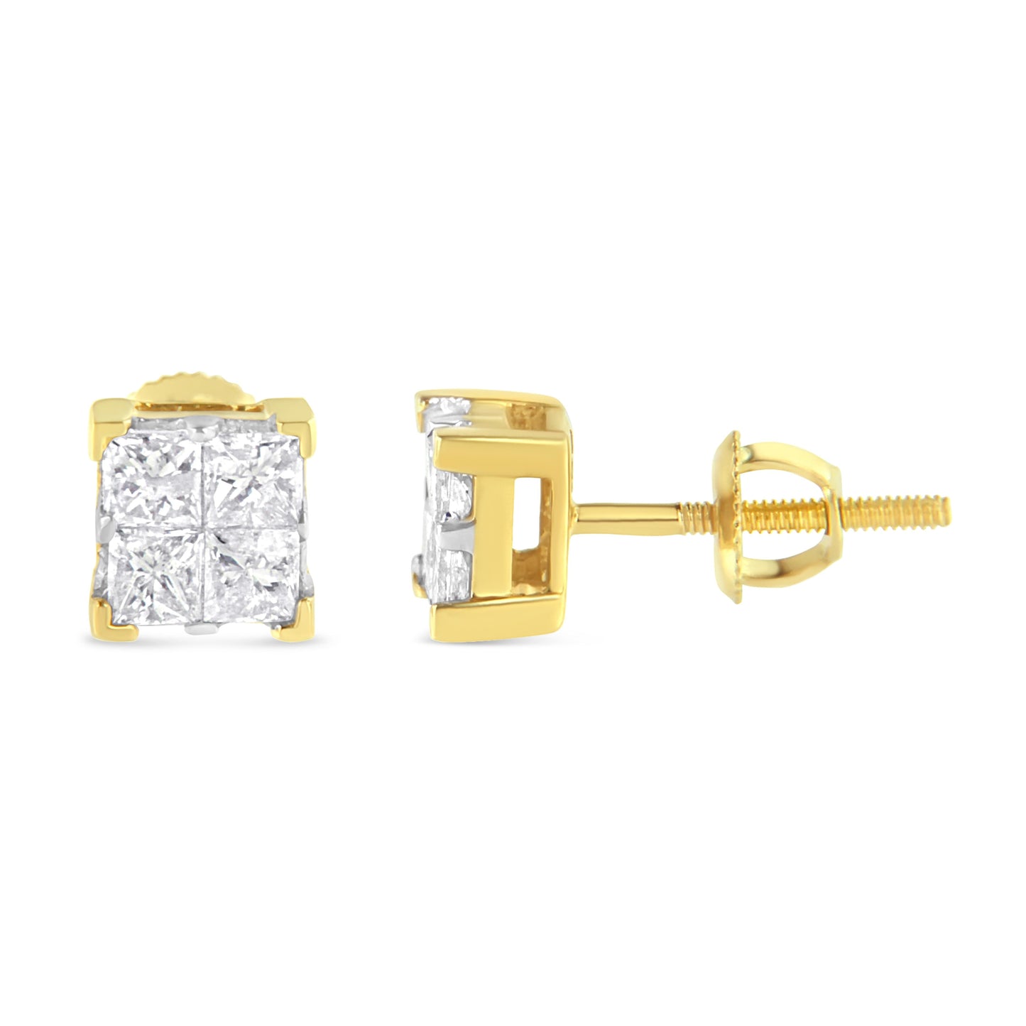 Boucles d'oreilles carrées en diamant taille princesse en or jaune 10K