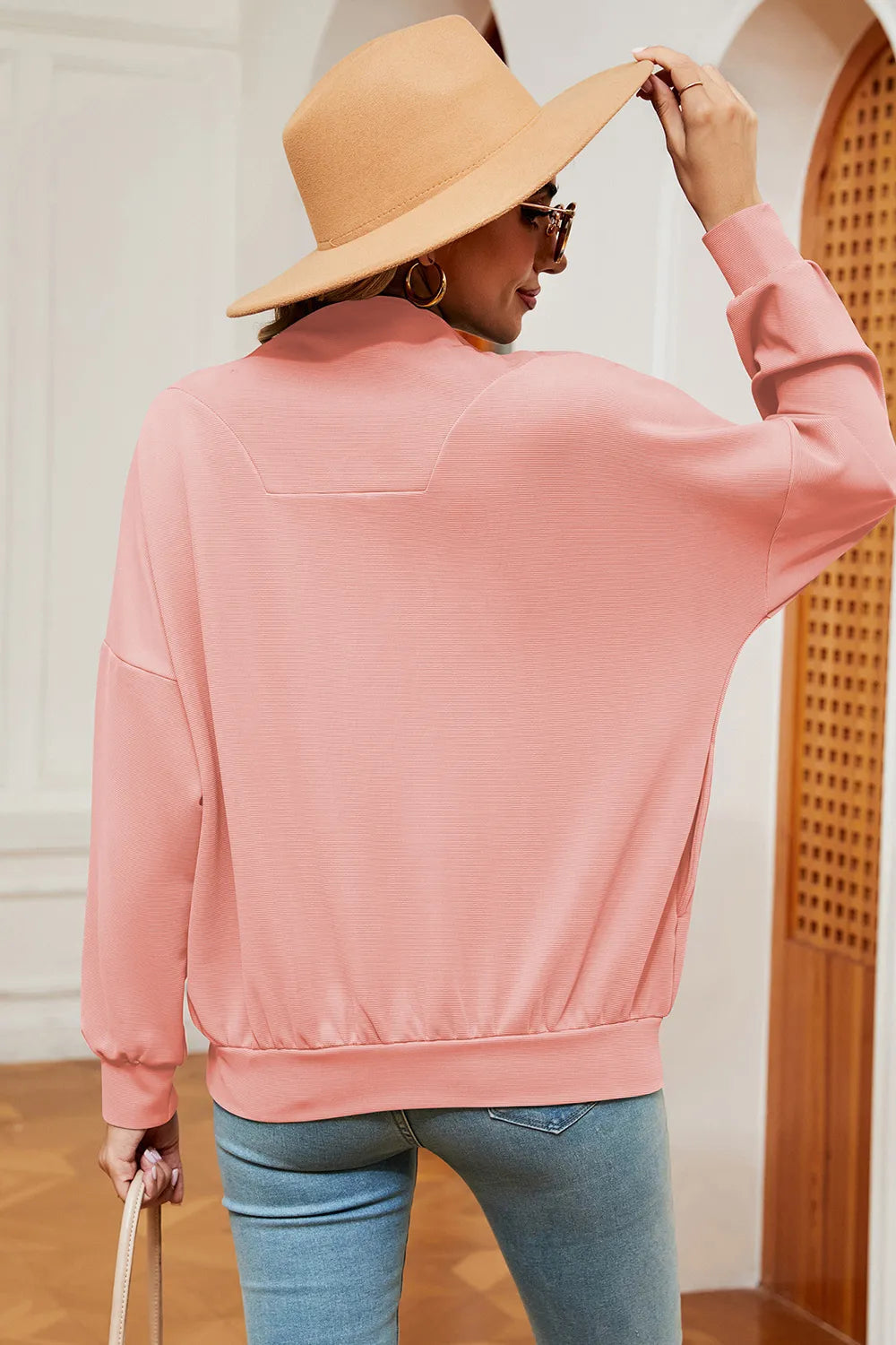 Solid Color Zipper Long Sleeve Pullover Sweatshirt for Women
