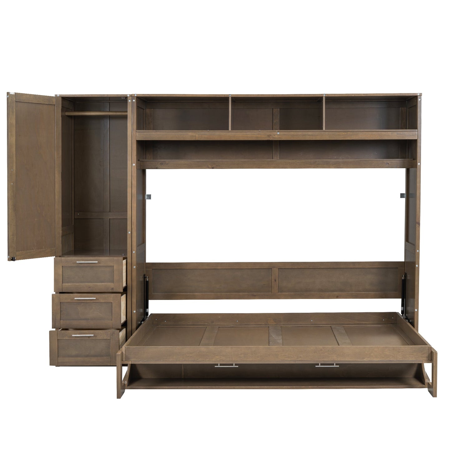 Full Size Murphy Bed with Wardrobe, Drawers and Open Shelves, Antique Grey - Korvel