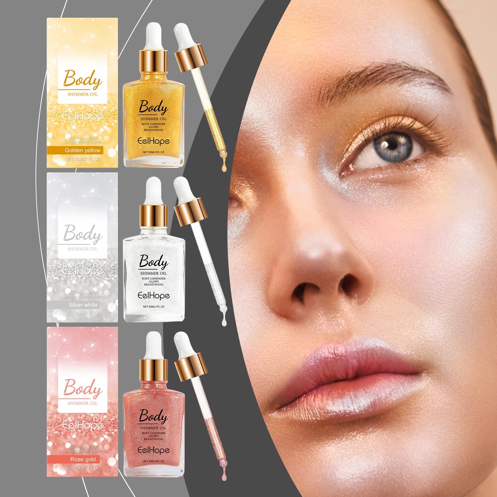 Body Glitter Oil, Facial Body Liquid Highlighter Moisturizer Easy To Apply Party Focus Brightening - Korvel
