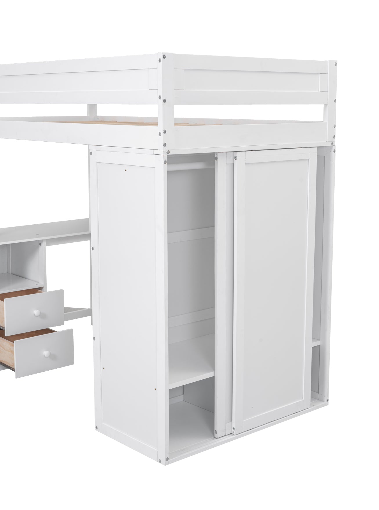 Wood Twin Size Loft Bed with Wardrobes and 2-Drawer Desk with Cabinet  White - Korvel