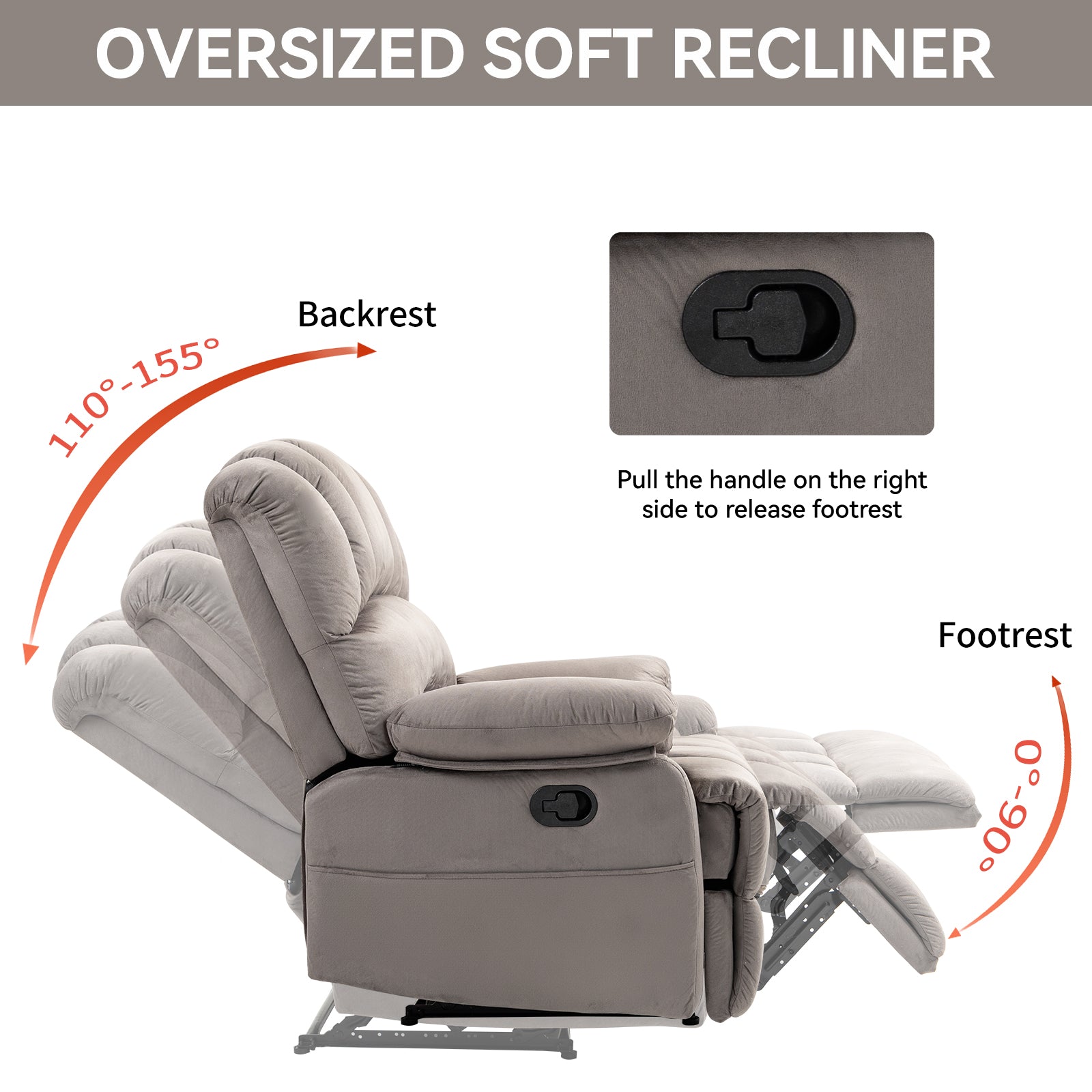 Large Manual Recliner Chair in Fabric for Living Room, Grey - Korvel