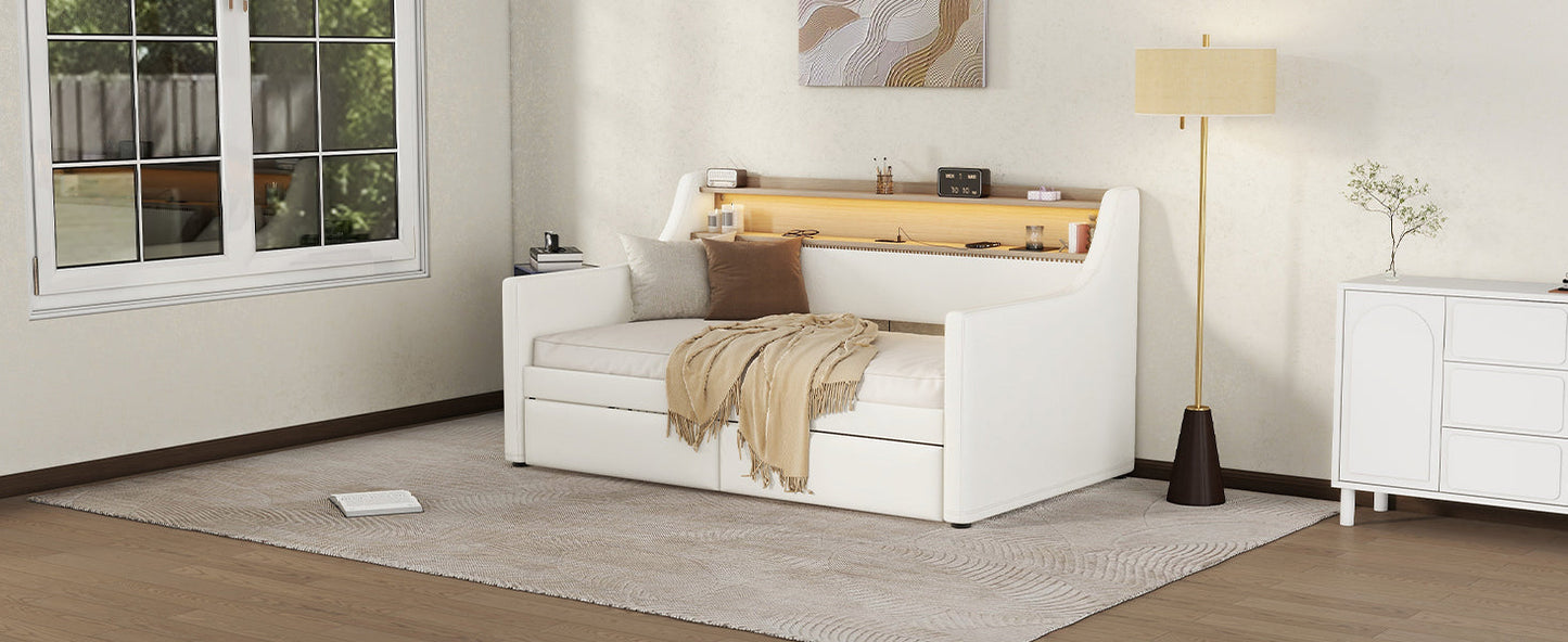 Twin Size Daybed with Drawers, Upholstered Daybed with Charging Station and LED Lights, White - Korvel