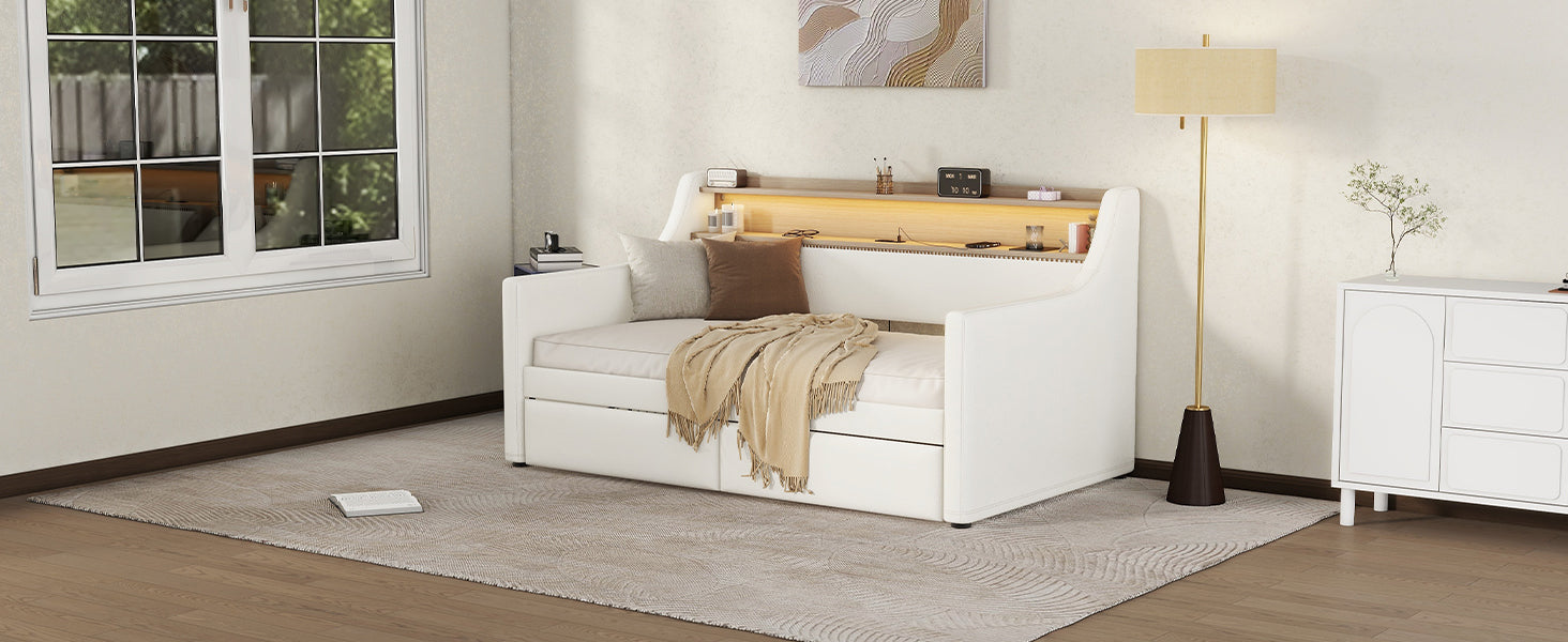 Twin Size Daybed with Drawers, Upholstered Daybed with Charging Station and LED Lights, White - Korvel