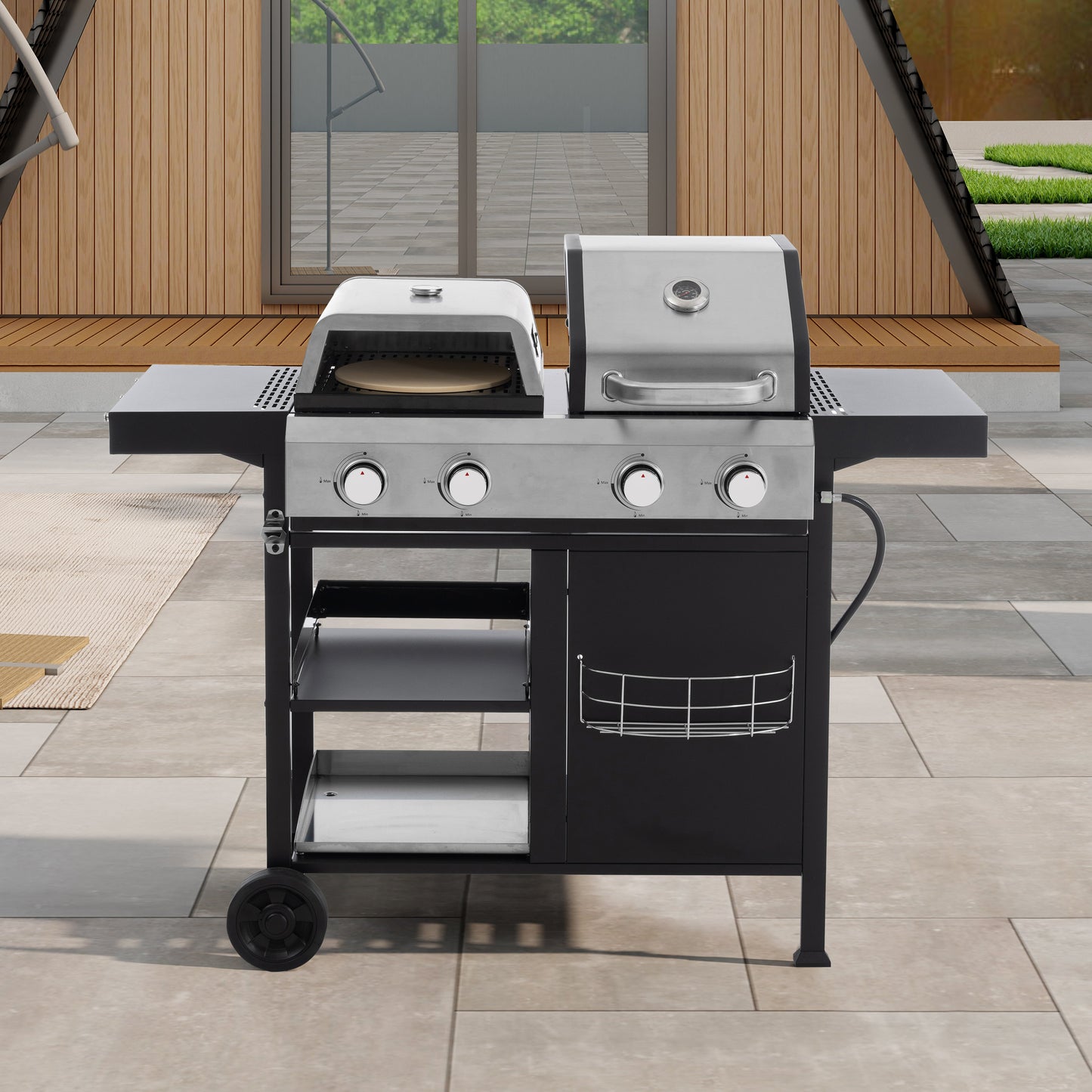 2+2 multifunctional gas barbecue grill and covered grill combination for outdoor cooking - barbecue, barbecue, pizza. - Korvel