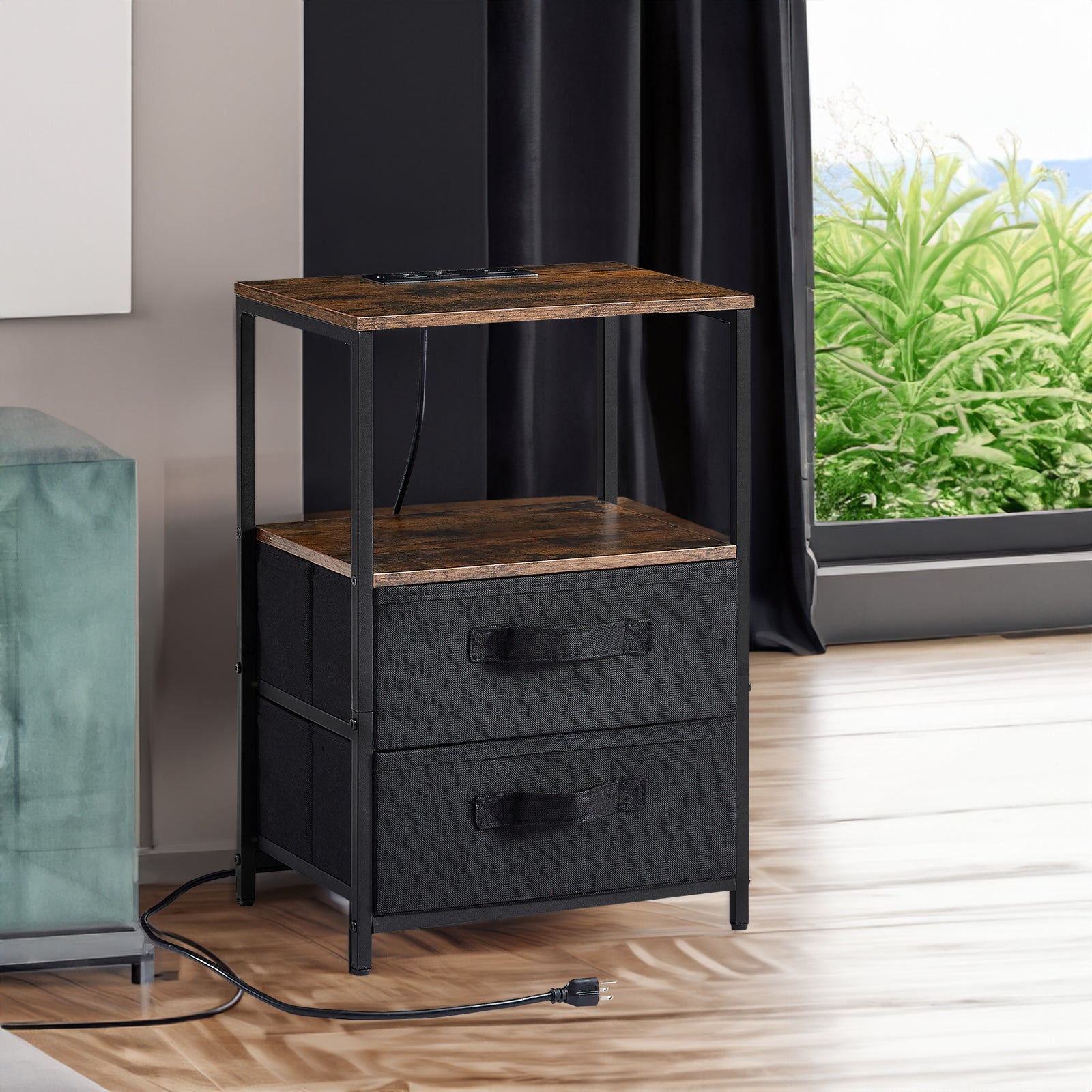 Tea table with charging station, bedside table with USB port, socket and cloth bag, 2 drawers - Korvel