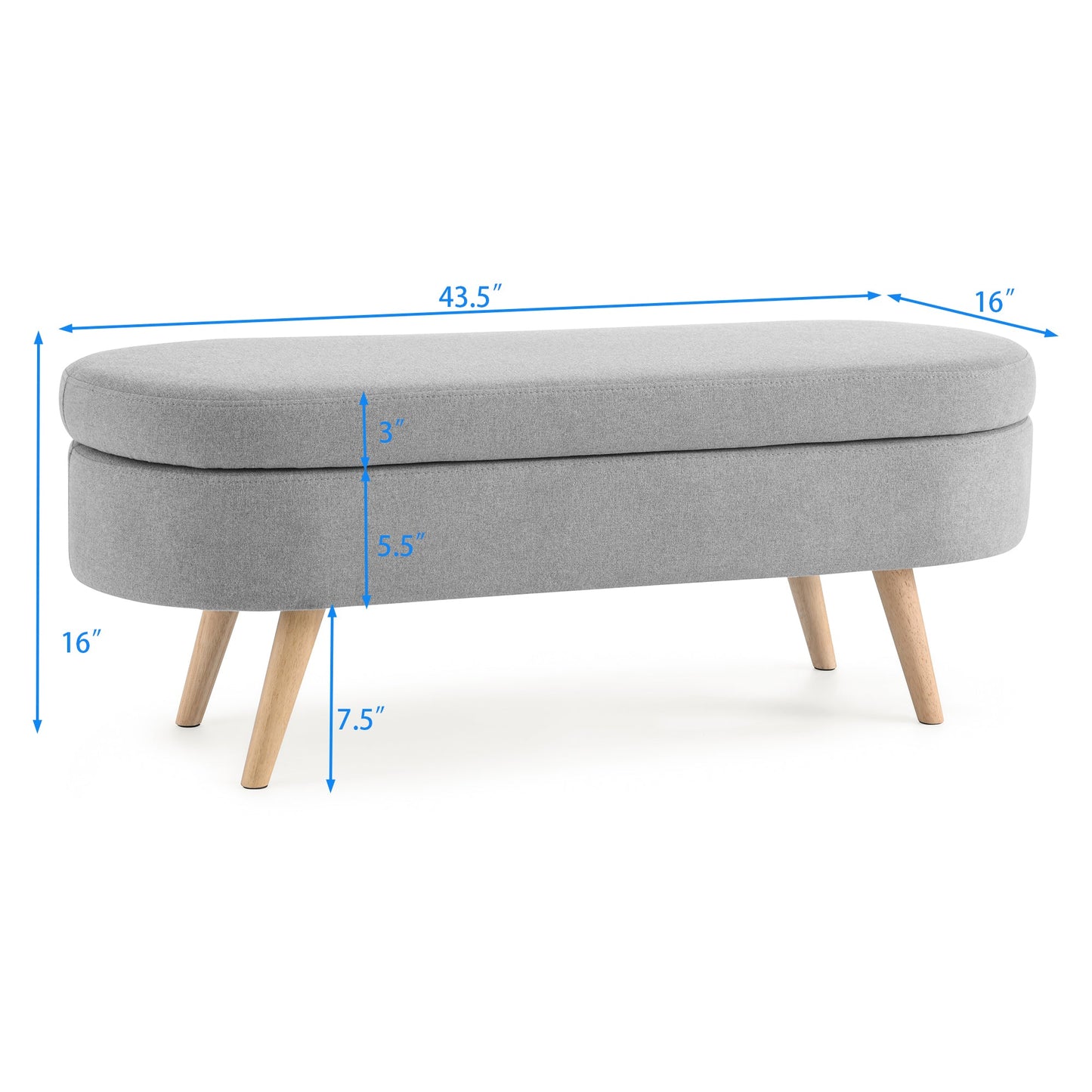 Ottoman Oval Storage Bench Rubber Wood Legs Grey(43.5"x16"x16") - Korvel