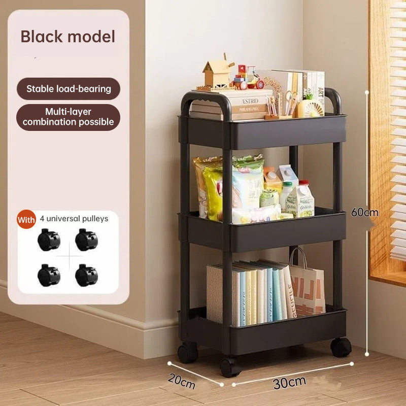 White rolling storage cart. Multifunctional, open shelves for books, ideal for kitchen & bedroom storage - Korvel