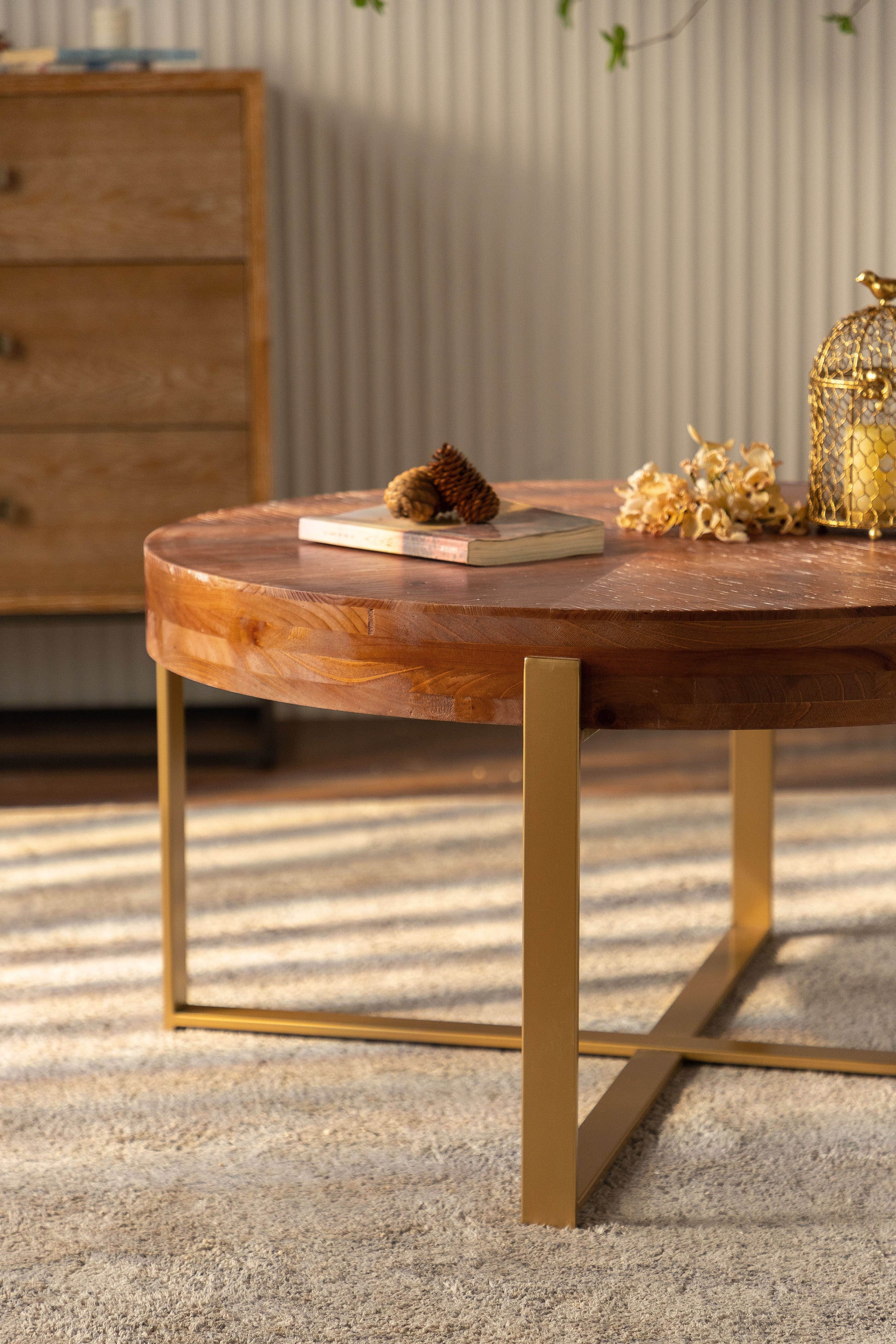 33.86"Modern Retro Splicing Round Coffee Table Fir Wood Table Top with Gold Cross Legs Base(Same SKU:W757126236) - Korvel