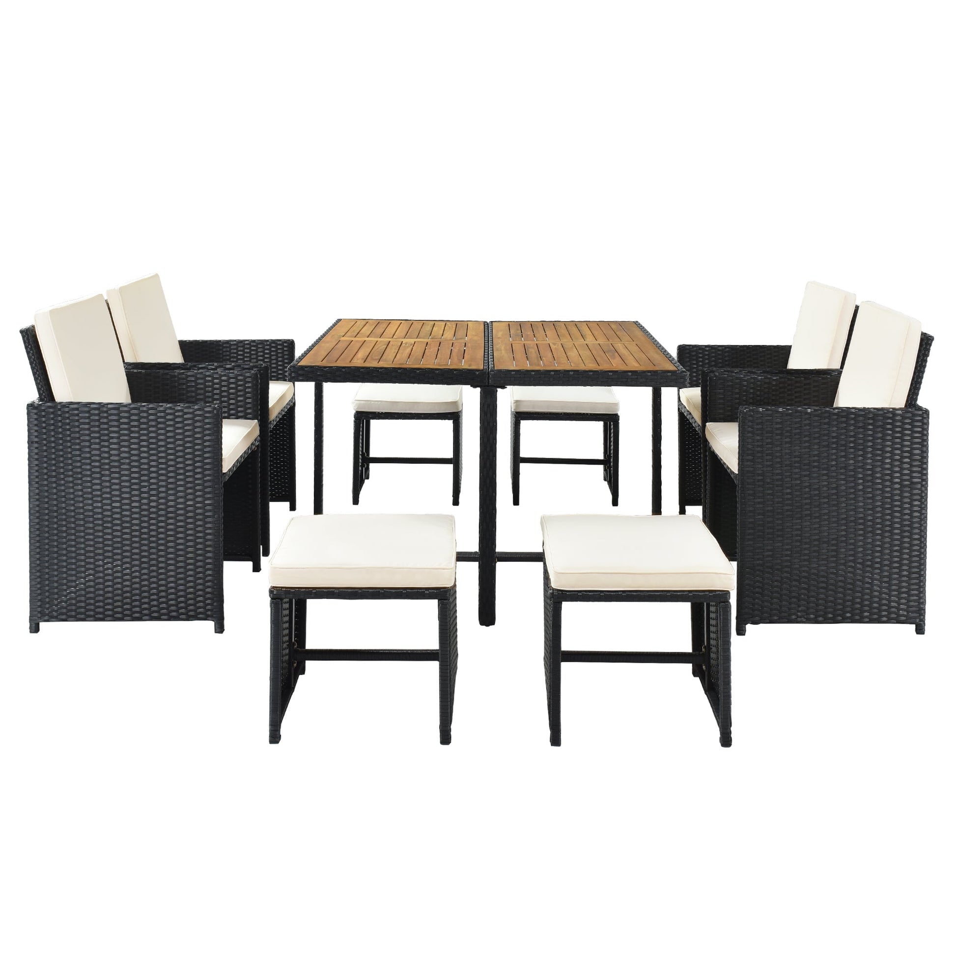 TOPMAX Patio All-Weather PE Wicker Dining Table Set with Wood Tabletop for 8, Black Rattan+Beige Cushion (9-Piece) - Korvel
