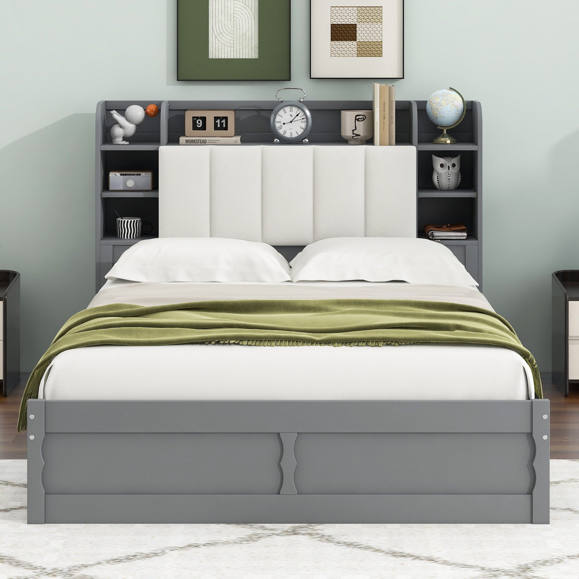 Wood Queen Size Platform Bed with Storage Headboard  Shelves and 2 Drawers  Gray - Korvel