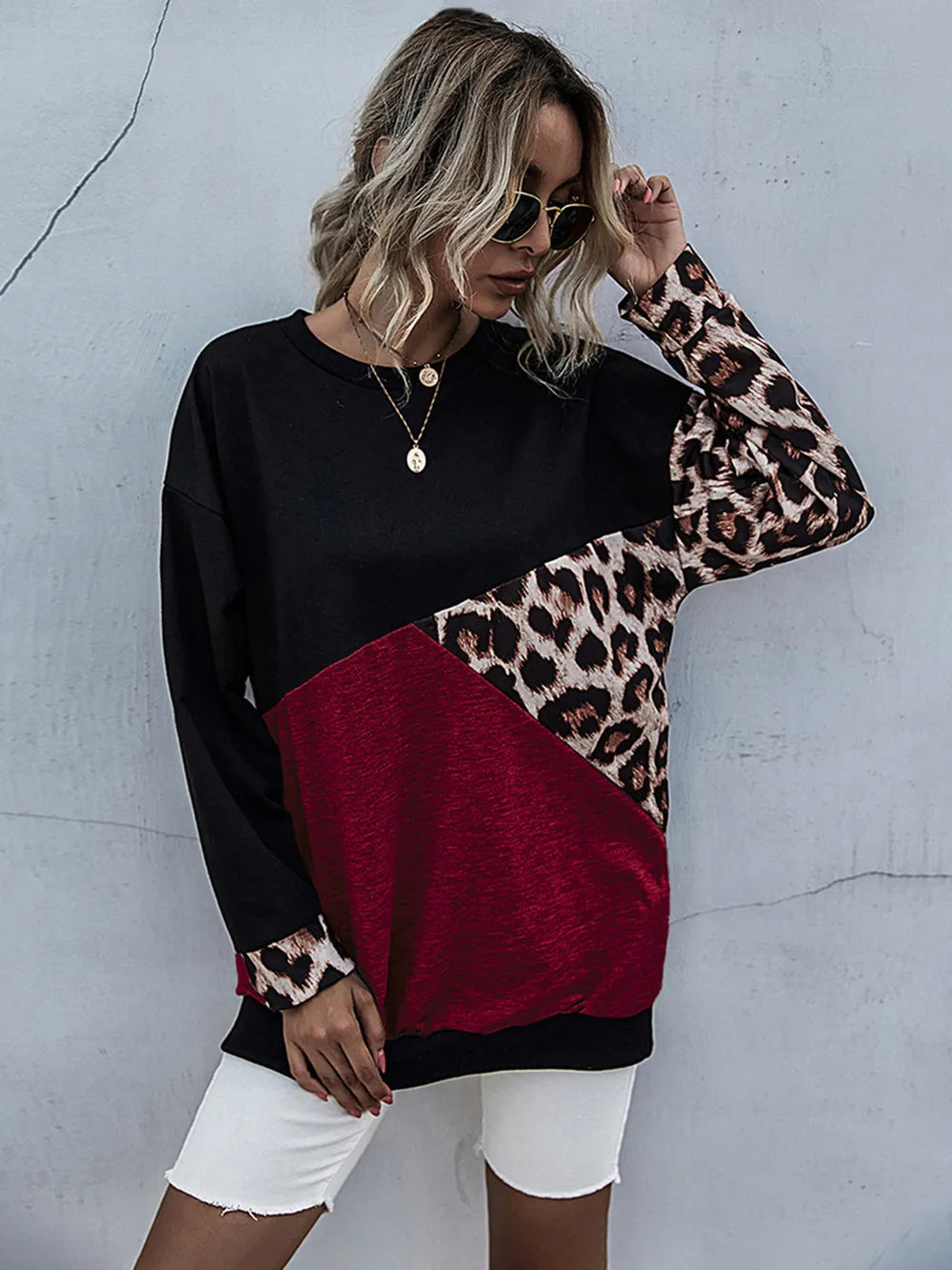 Leopard Contrast Long Sleeve Sweatshirt - Korvel