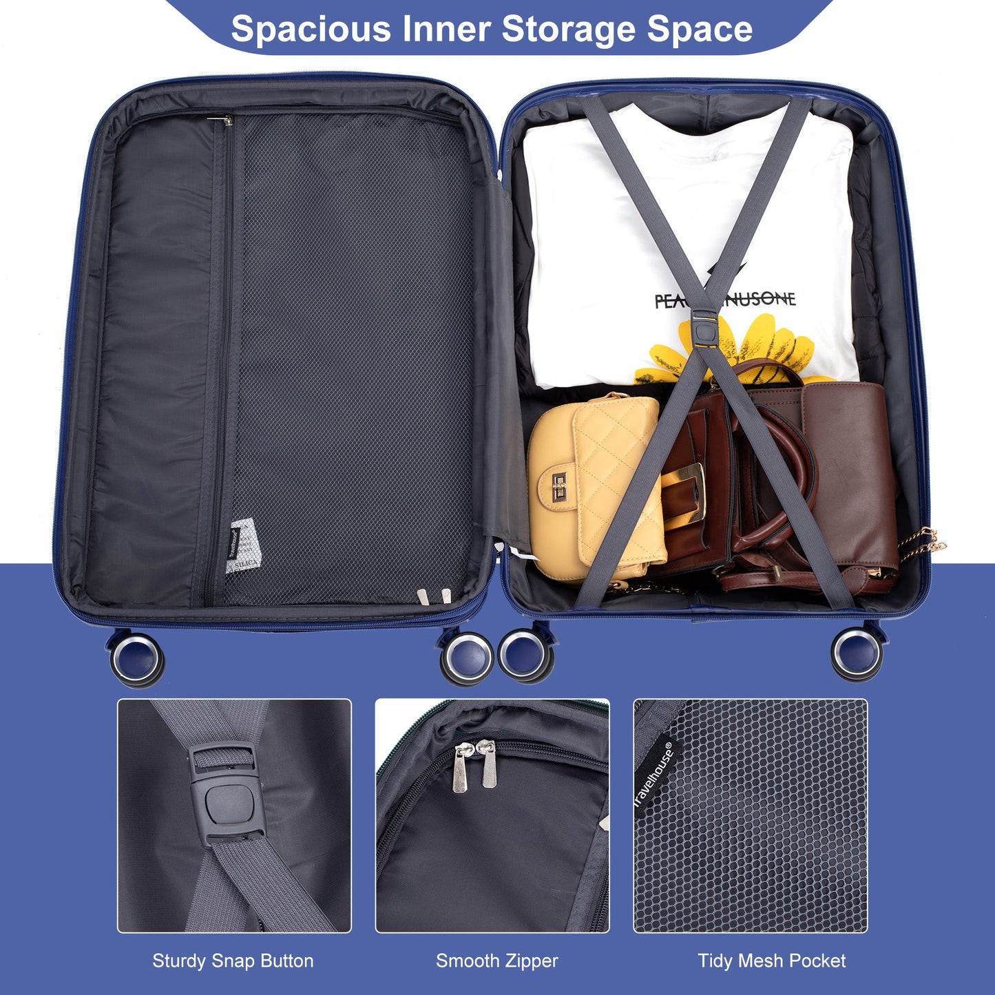 Expandable Hardshell Suitcase Double Spinner Wheels PP Luggage Sets Lightweight Durable ,3-Piece Set (20/24/28) ,Navy - Korvel