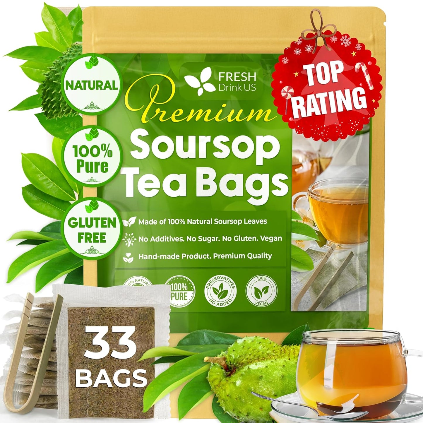 Bolsitas de té de hojas de guanábana premium, hojas de guanábana secas, polvo de hojas de guanábana, té de hojas de guanábana, té de hoja guanábana
