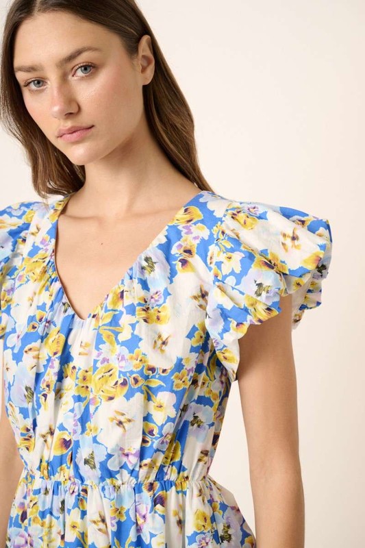 Charming Floral V-Neck Cap Sleeve Mini Dress for Women
