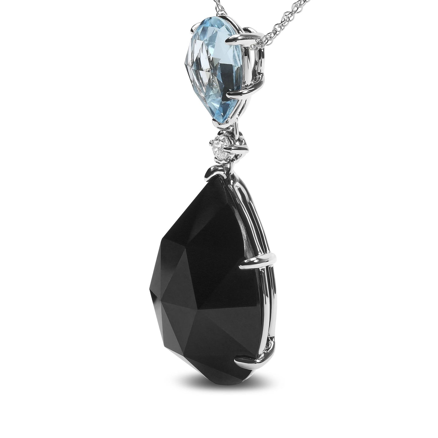 Collier Dangle en Or Blanc 18K avec Topaze et Onyx en Forme de Poire