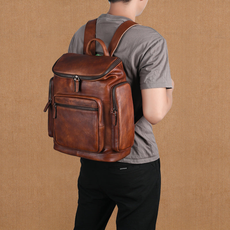 Mochila de Cuero de Doble Capa Retro Genuina para Hombres