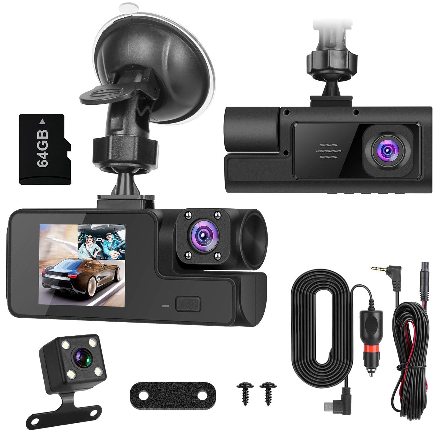 WiFi FHD 1080P 3-Channel Car Dash Cam with 64G Card