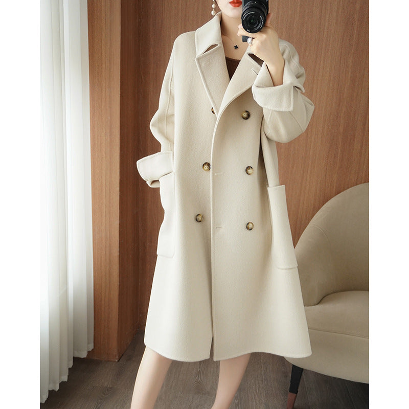 Long Below-the-Knee Double-Breasted Wool Coat in Korean Style