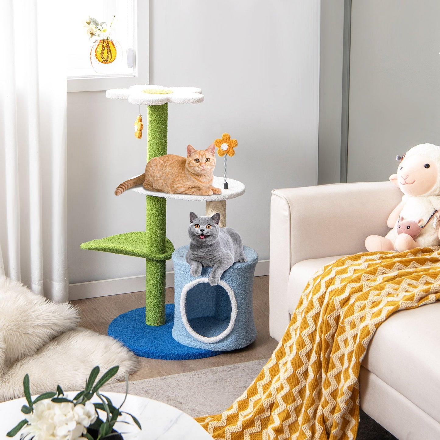 34.5 Inch 4-Tier Cat Tree with Jingling Balls and Condo - Blue