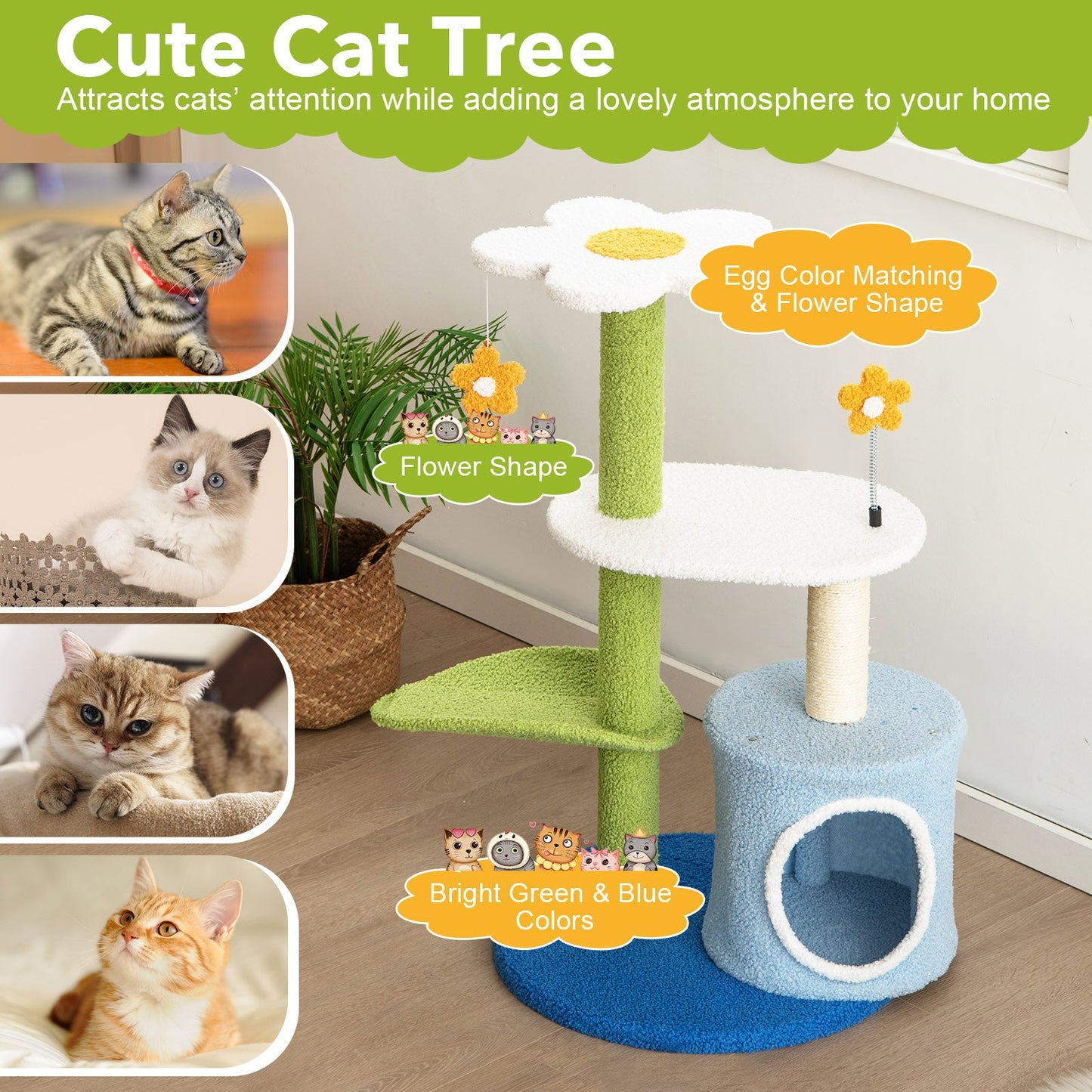 34.5 Inch 4-Tier Cat Tree with Jingling Balls and Condo - Blue