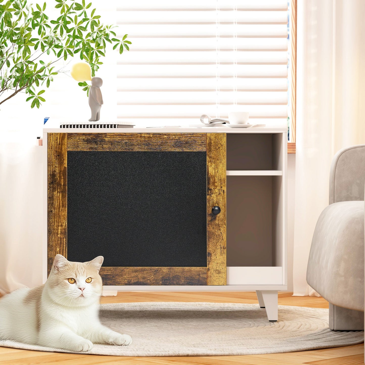 Litter Box Enclosure,Modern Hidden Cat Litter Box Enclosure Furniture with Scratching Pad for Living Room, White + vintage - Korvel