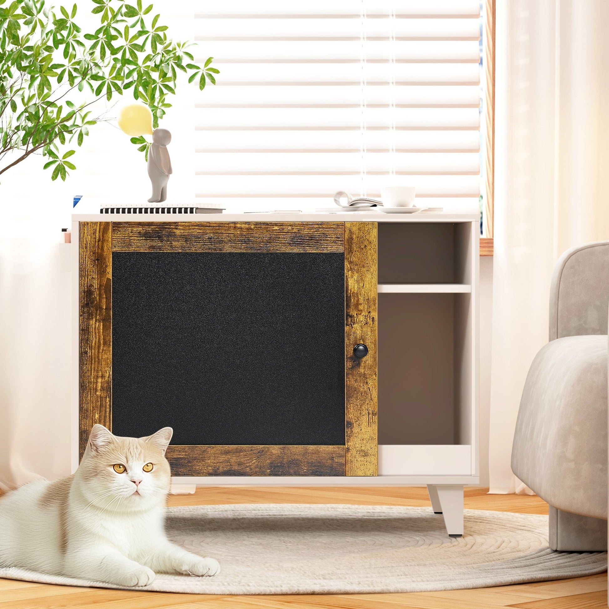 Litter Box Enclosure,Modern Hidden Cat Litter Box Enclosure Furniture with Scratching Pad for Living Room, White + vintage - Korvel