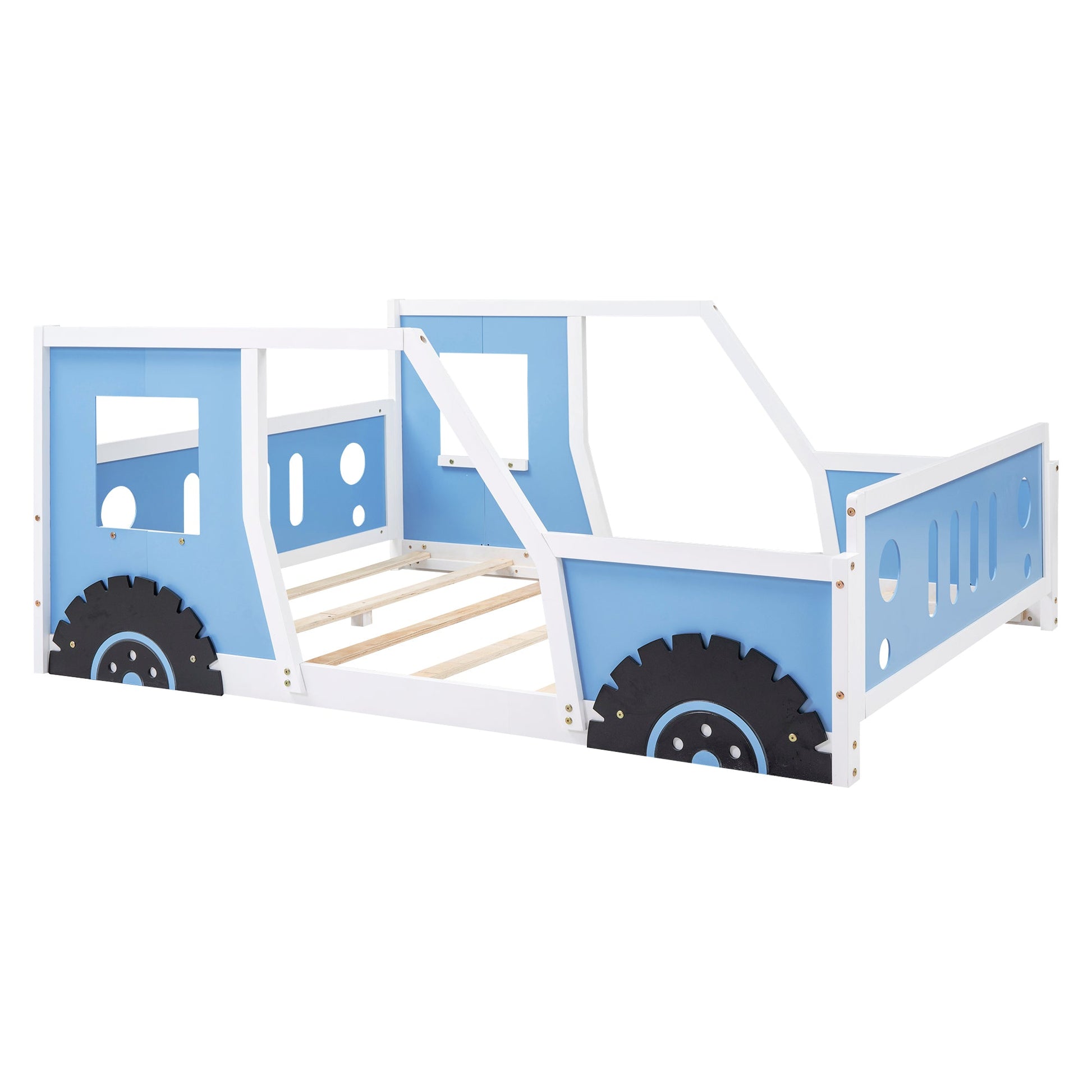 Full Size Classic Car-Shaped Platform Bed with Wheels,Blue - Korvel