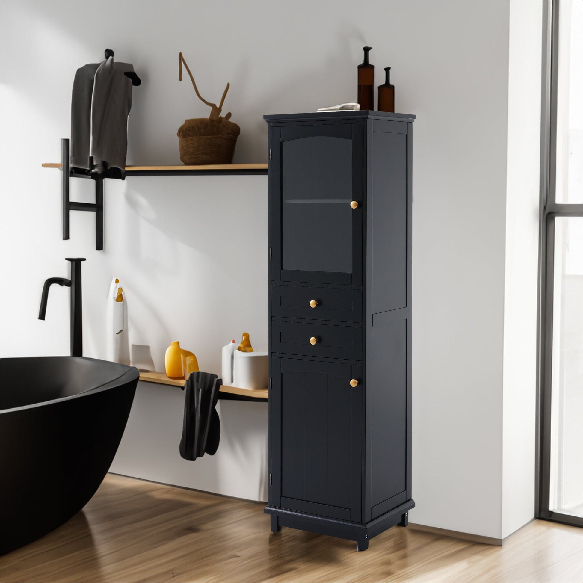 Tall Bathroom Storage Cabinet with Glass Doors, Free-Standing, Two Drawers, and Adjustable Shelves, MDF Board, Painted Black - Korvel