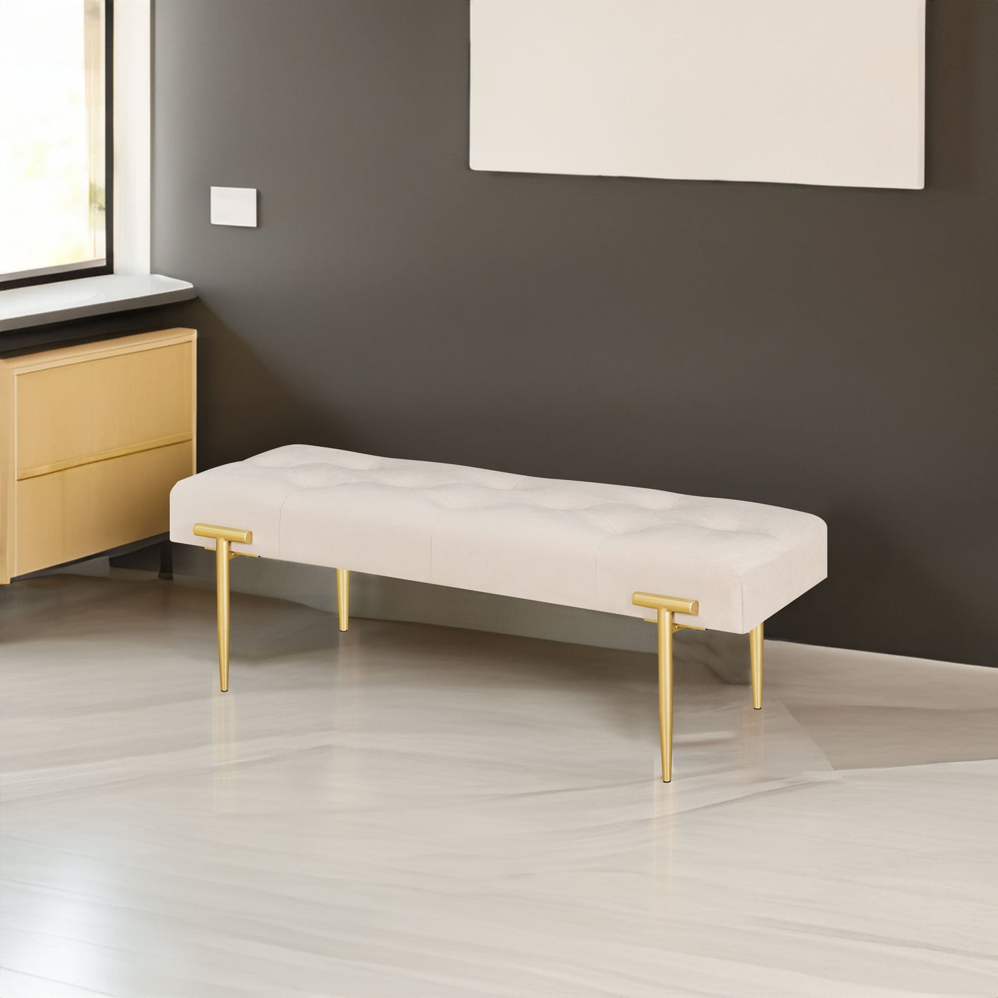 48'' Modern Ottoman Bench Velvet Bench Upholstered Footrest With Gold Metal Legs And Padded Seat For Bedroom Living Room - Korvel